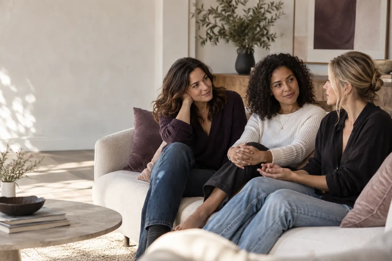 Three women having a supportive conversation in a calm home setting